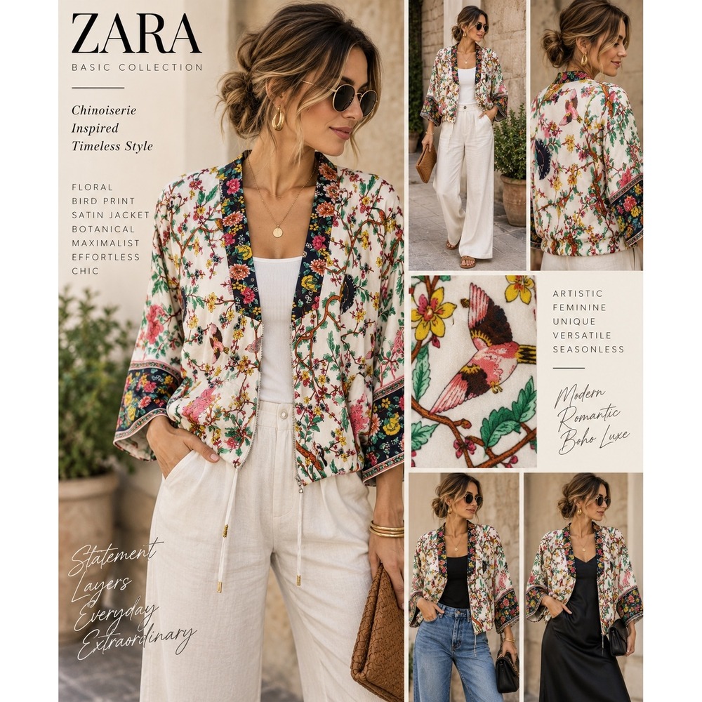 Zara Chinoiserie Bird Floral Satin Jacket Botanical Maximalist Bomber L